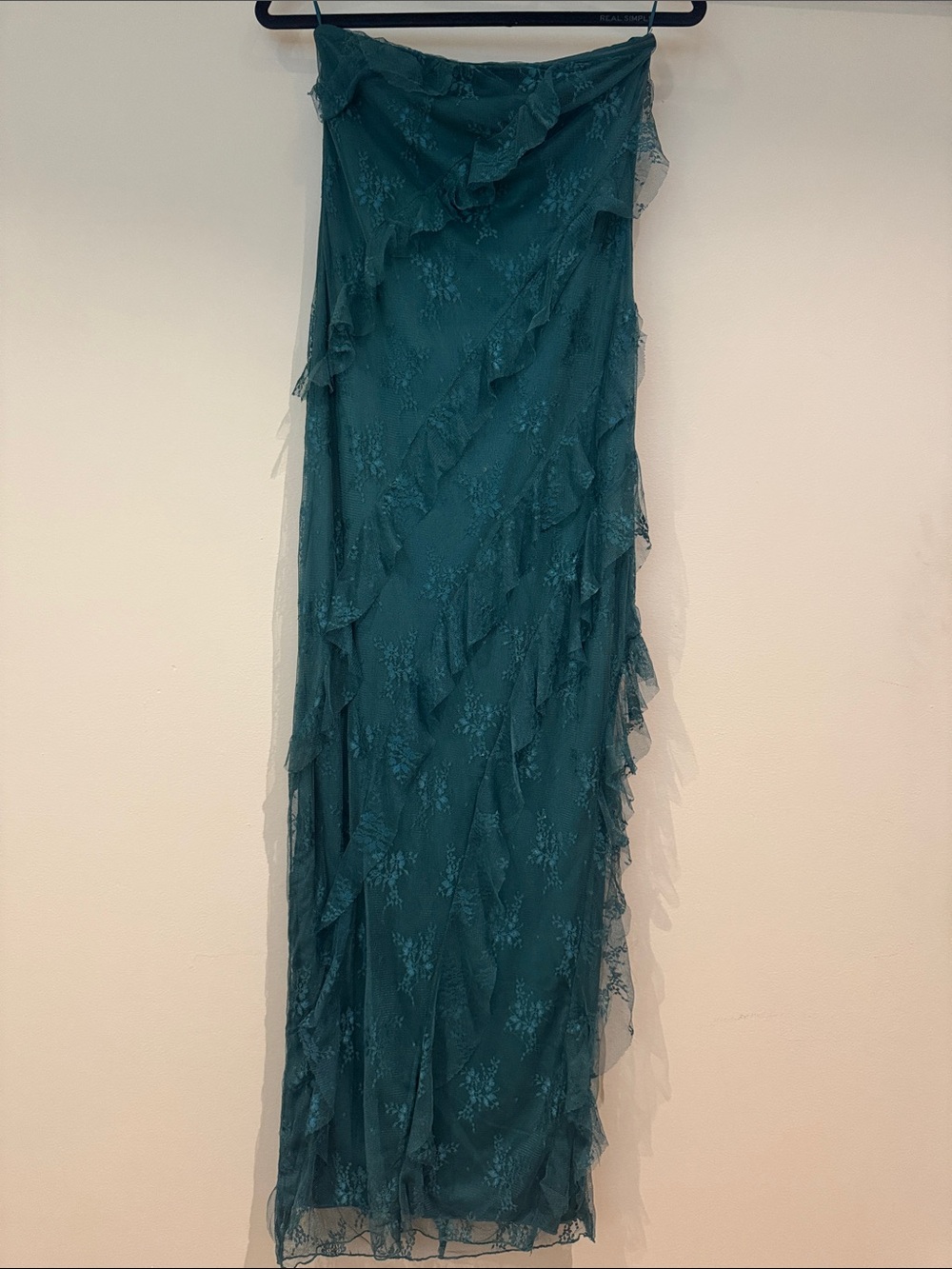 Green Strapless Lace Ruffle Maxi Dress